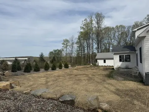 A graded lot with a line of newly planted evergreens