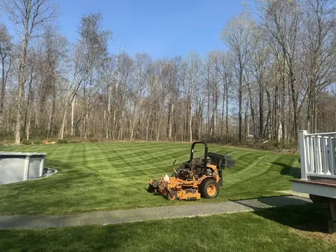A zero-turn mower on a striped lawn at the edge of the woods